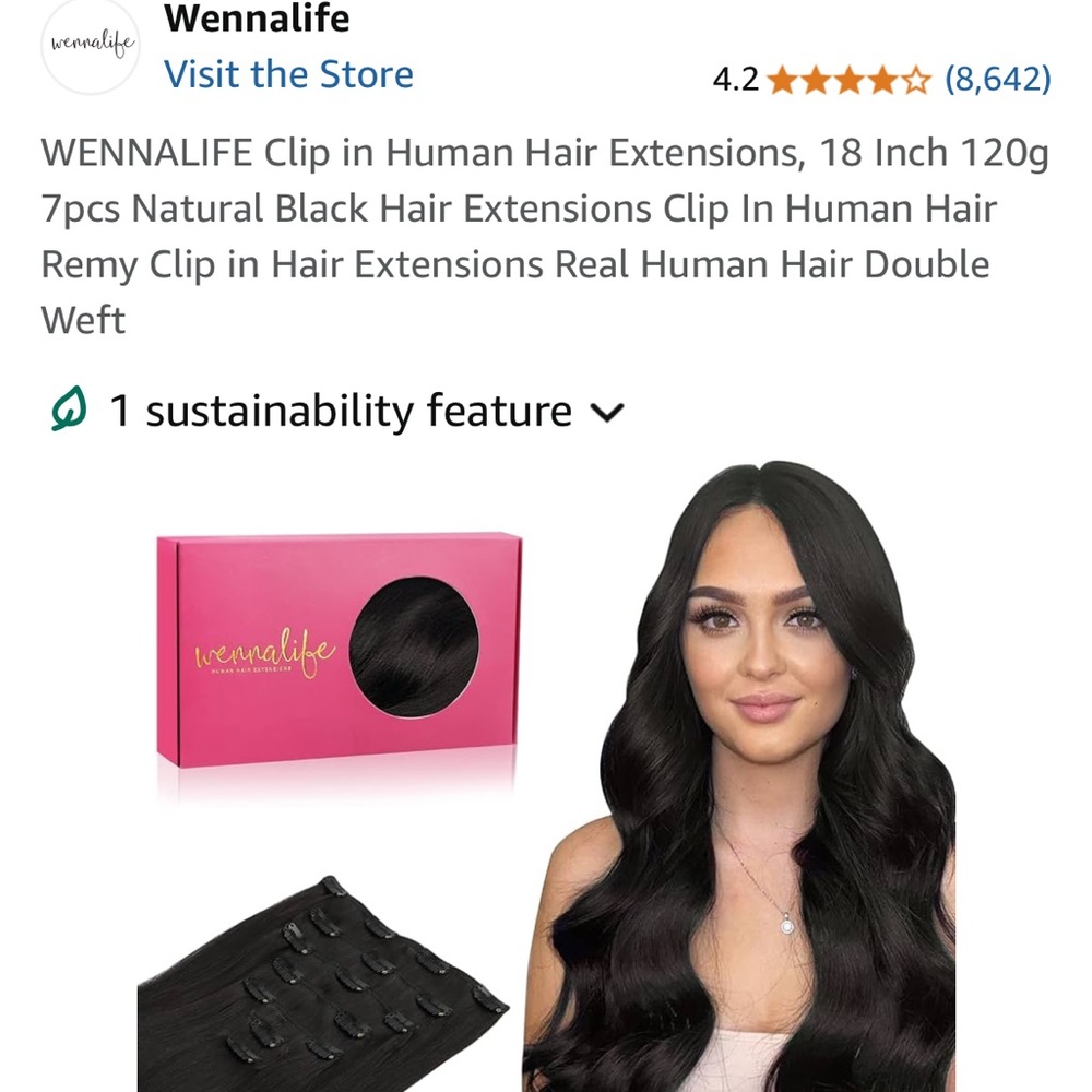 Brand new WENNALIFE-18 inch-7 piece human hair clip in extensions.Natural black